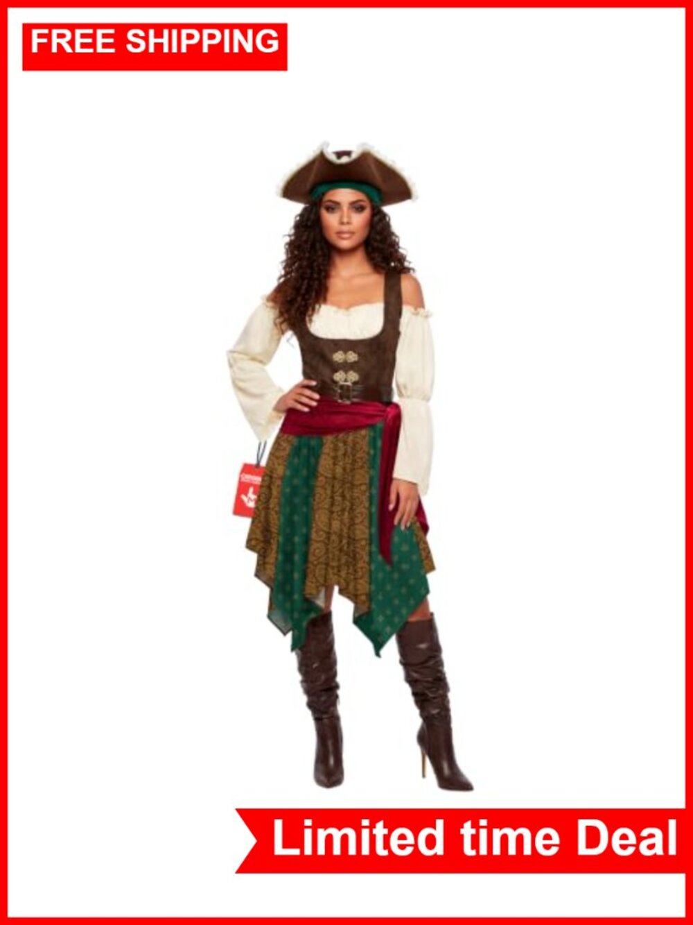 Women's Pirate Costume Layered Dress Hat Bandana Belt Halloween